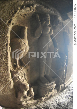 The religious sites and art at the Elora Caves,a UNESCO World Heritage Site,are one of the world's largest collections of rock-cut temples, dating back to 600-1000 AD. Located at Aurangabud in India. 134214697