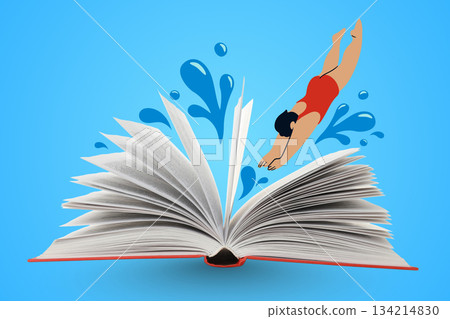 A swimmer dives into the book's pages, splashing water 134214830