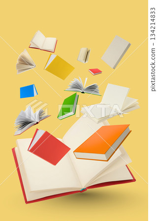 Books are floating above an open book on a yellow backdrop Books are floating above an open book on a yellow backdrop 134214833