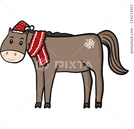 Christmas horse illustration features a friendly brown horse wearing a festive red Santa hat and matching striped winter scarf, complete with a delicate snowflake mark on its side. Christmas horse illustration features a friendly brown horse wearing a festive red Santa hat and matching striped winter scarf, complete with a delicate snowflake mark on its side. 134214951