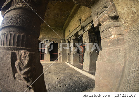 The religious sites and art at the Elora Caves,a UNESCO World Heritage Site,are one of the world's largest collections of rock-cut temples, dating back to 600-1000 AD. Located at Aurangabud in India. 134215108