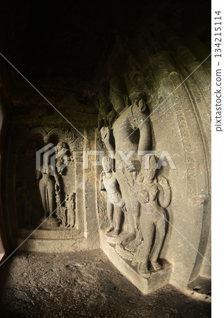 The religious sites and art at the Elora Caves,a UNESCO World Heritage Site,are one of the world's largest collections of rock-cut temples, dating back to 600-1000 AD. Located at Aurangabud in India. 134215114