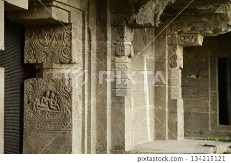 The religious sites and art at the Elora Caves,a UNESCO World Heritage Site,are one of the world's largest collections of rock-cut temples, dating back to 600-1000 AD. Located at Aurangabud in India. 134215121