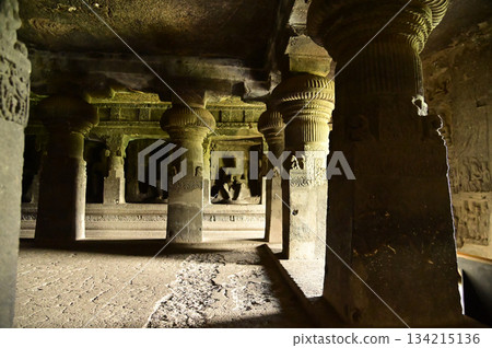 The religious sites and art at the Elora Caves,a UNESCO World Heritage Site,are one of the world's largest collections of rock-cut temples, dating back to 600-1000 AD. Located at Aurangabud in India. 134215136