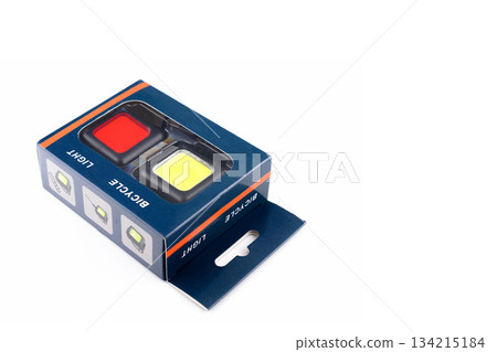 packaging with set of bicycle lights on white background 134215184