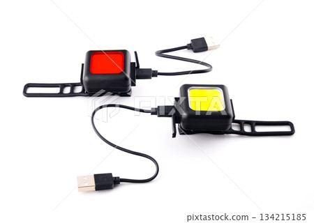 pair of led bicycle lamps with wires on white background 134215185