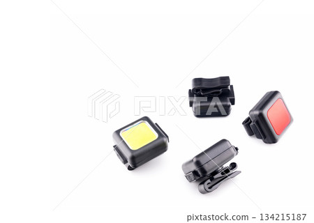 set of small bicycle safety lights on white background set of small bicycle safety lights on white background 134215187