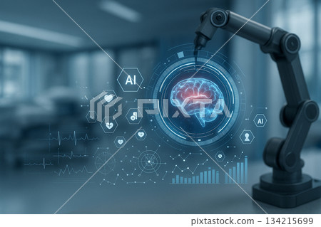 AI generated digital brain interface with glowing holographic scan robotic arm support and connected medical data elements representing healthcare innovation AI generated digital brain interface with glowing holographic scan robotic arm support and connected medical data elements representing healthcare innovation 134215699