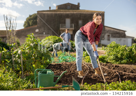 Farmer woman weeds the beds for planting seeds. Farmer woman weeds the beds for planting seeds. 134215916