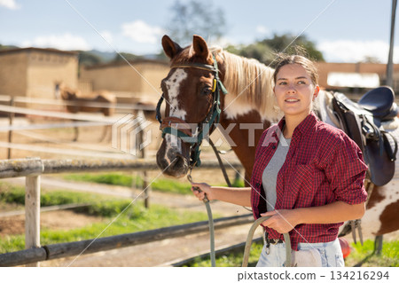 Happy young girl preparing horse for riding and walking in pasture on farm 134216294