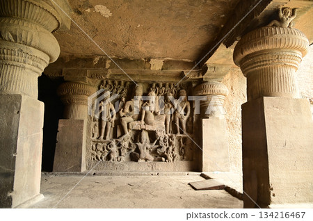 The religious sites and art at the Elora Caves,a UNESCO World Heritage Site,are one of the world's largest collections of rock-cut temples, dating back to 600-1000 AD. Located at Aurangabud in India. 134216467