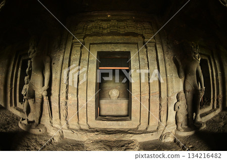 The religious sites and art at the Elora Caves,a UNESCO World Heritage Site,are one of the world's largest collections of rock-cut temples, dating back to 600-1000 AD. Located at Aurangabud in India. 134216482