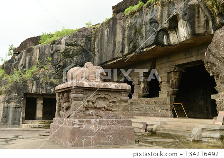 The religious sites and art at the Elora Caves,a UNESCO World Heritage Site,are one of the world's largest collections of rock-cut temples, dating back to 600-1000 AD. Located at Aurangabud in India. 134216492