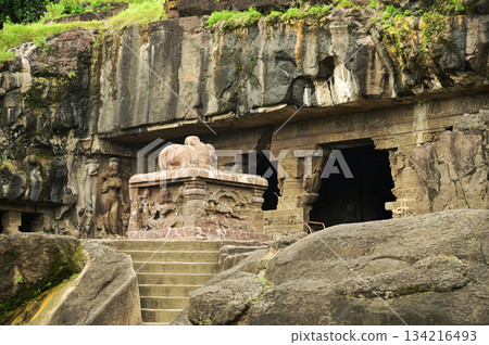 The religious sites and art at the Elora Caves,a UNESCO World Heritage Site,are one of the world's largest collections of rock-cut temples, dating back to 600-1000 AD. Located at Aurangabud in India. 134216493