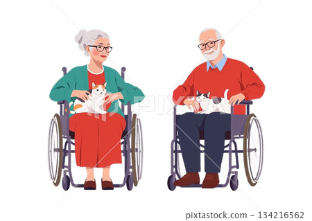 A scene of two elderly couples, a grandmother and grandfather, sitting in wheelchairs and gently stroking a cat curled up on their laps. A scene of two elderly couples, a grandmother and grandfather, sitting in wheelchairs and gently stroking a cat curled up on their laps. 134216562