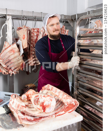 Butcher shop worker organizing meat racks in cold storage Butcher shop worker organizing meat racks in cold storage 134216623