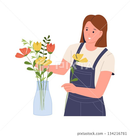 Illustration of Woman Arranging Fresh Flowers Illustration of Woman Arranging Fresh Flowers 134216781