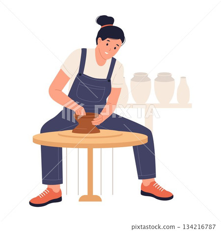 Illustration of Woman Making Ceramics and Pottery 134216787
