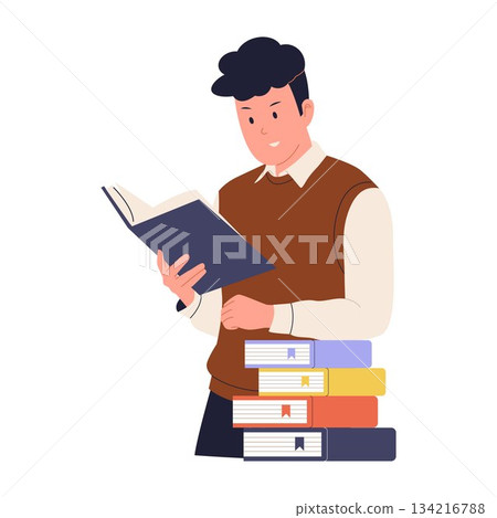 Illustration of Man Reading Book and Stacks of Books Illustration of Man Reading Book and Stacks of Books 134216788