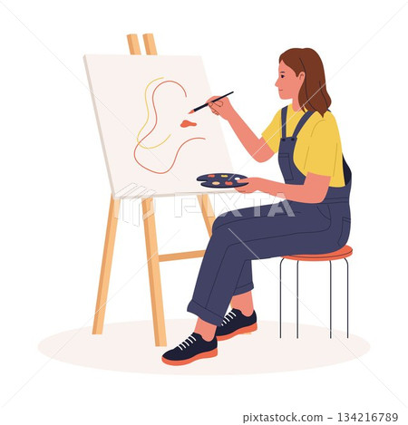 Illustration of Woman Painting on Canvas Illustration of Woman Painting on Canvas 134216789
