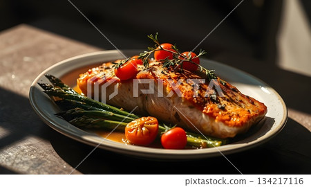 Grilled salmon steak with vegetables on a plate for a healthy gourmet restaurant dinner meal. 134217116