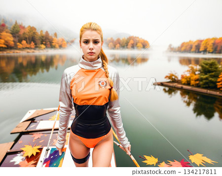 秋日湖面上，一位女子站在木板上的肖像 134217811