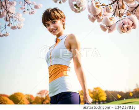 櫻花樹下，一位身穿運動服的女子麵帶微笑。 134217813