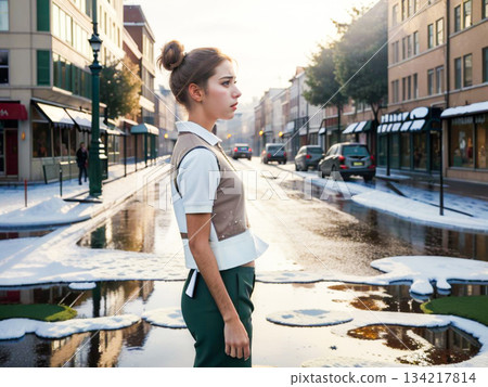 一位女子側身站立，背景是冬日的城市景觀。 134217814