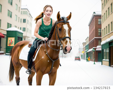 一位女騎手騎著馬穿越白雪皚皚的城市 134217815