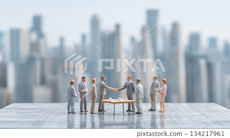 Miniature of a manager and business team shaking hands with a city skyscraper in the background Miniature of a manager and business team shaking hands with a city skyscraper in the background 134217961