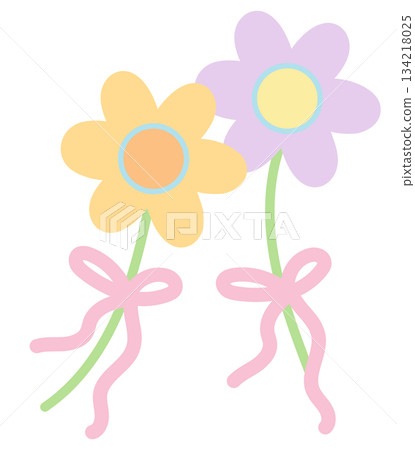 Pastel flowers with pink ribbon illustration for nature, garden, icon, decorations, tree, plants, spring time, summer vibe, picnic, park, home yard, sticker, tattoo, fabric print, blossom, blooming 134218025