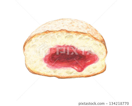 Berliner with raspberry jam watercolor pencil illustration 134218770