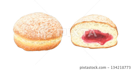 Berliner with raspberry jam watercolor pencil illustration 134218773