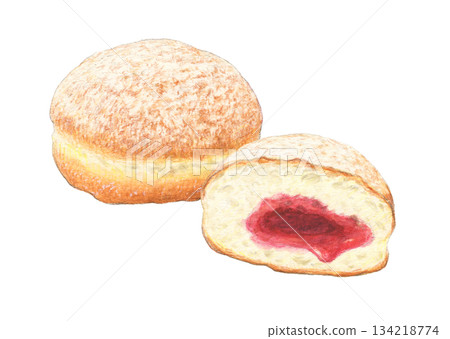Berliner with raspberry jam watercolor pencil illustration 134218774