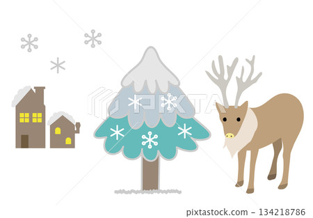 Illustration of a reindeer standing next to a snowy house and tree 134218786