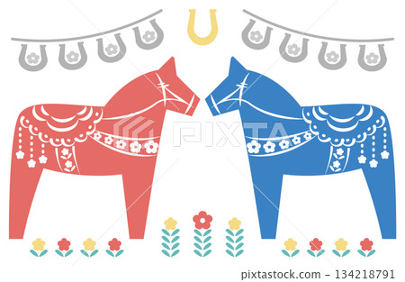 Illustration of a red and blue Dalarna horse and a horseshoe garland Illustration of a red and blue Dalarna horse and a horseshoe garland 134218791