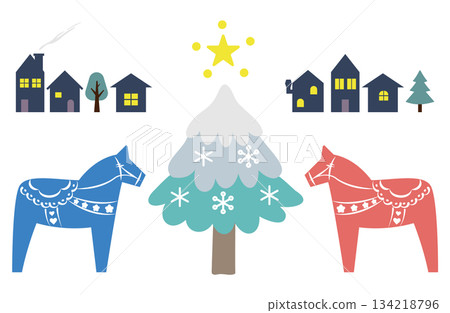 冬季街道樹木和達拉納馬匹的插圖，閃耀著星光 134218796