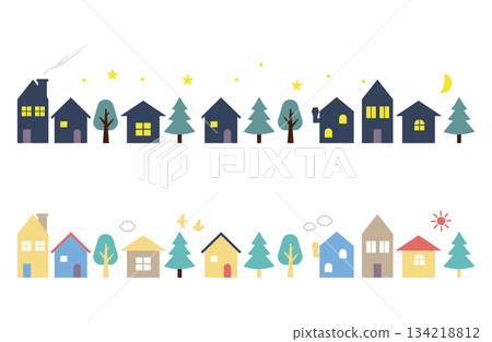 Scandinavian design style illustration of cityscapes during the day and at night 134218812