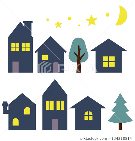 夜景城市景觀插圖,建築物輪廓清晰可見。 夜景城市景觀插圖,建築物輪廓清晰可見。 134218814