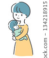 Smiling mother holding a baby - Hand-drawn illustration 134218915
