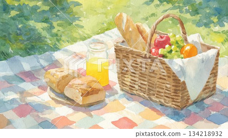 陽光下的野餐水彩畫，籃子裡裝著水果 134218932