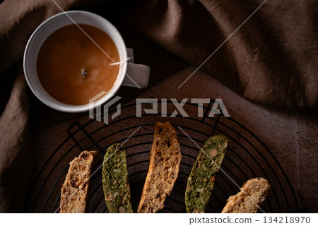 Baked goods and tea 134218970