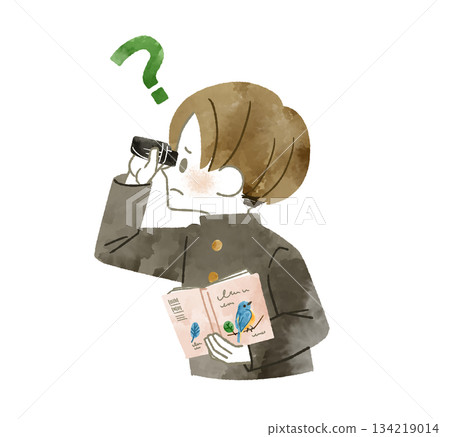 A male student who has something he doesn't understand while bird watching - watercolor A male student who has something he doesn't understand while bird watching - watercolor 134219014