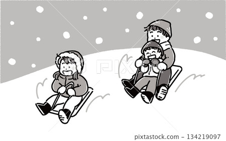 Monotone illustration of a boy and girl playing sled in the snow Monotone illustration of a boy and girl playing sled in the snow 134219097
