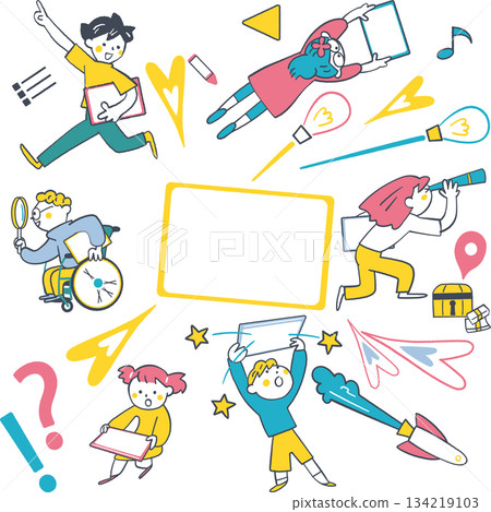 一幅描繪小學生使用平板電腦學習探索與冒險的畫面。手繪插圖展現了多元化的學習方式和未來圖像。 134219103