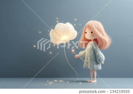 Fantasy illustration of a light fairy and a girl - A picture book scene surrounded by gentle light 134219505
