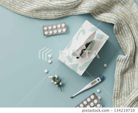 "Winter health care" flat lay of tissue box, blanket, and medicine "Winter health care" flat lay of tissue box, blanket, and medicine 134219710