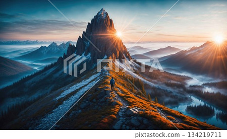 Fantasy mountain adventure landscape with morning sun (silhouette of people) Fantasy mountain adventure landscape with morning sun (silhouette of people) 134219711