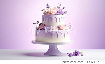 雙層蛋糕，飾以鮮花（薰衣草色 x 童話主題） 134219713
