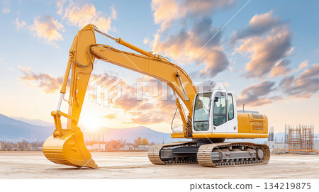 傍晚的天空中，一台大型挖土機的身影熠熠生輝。 134219875